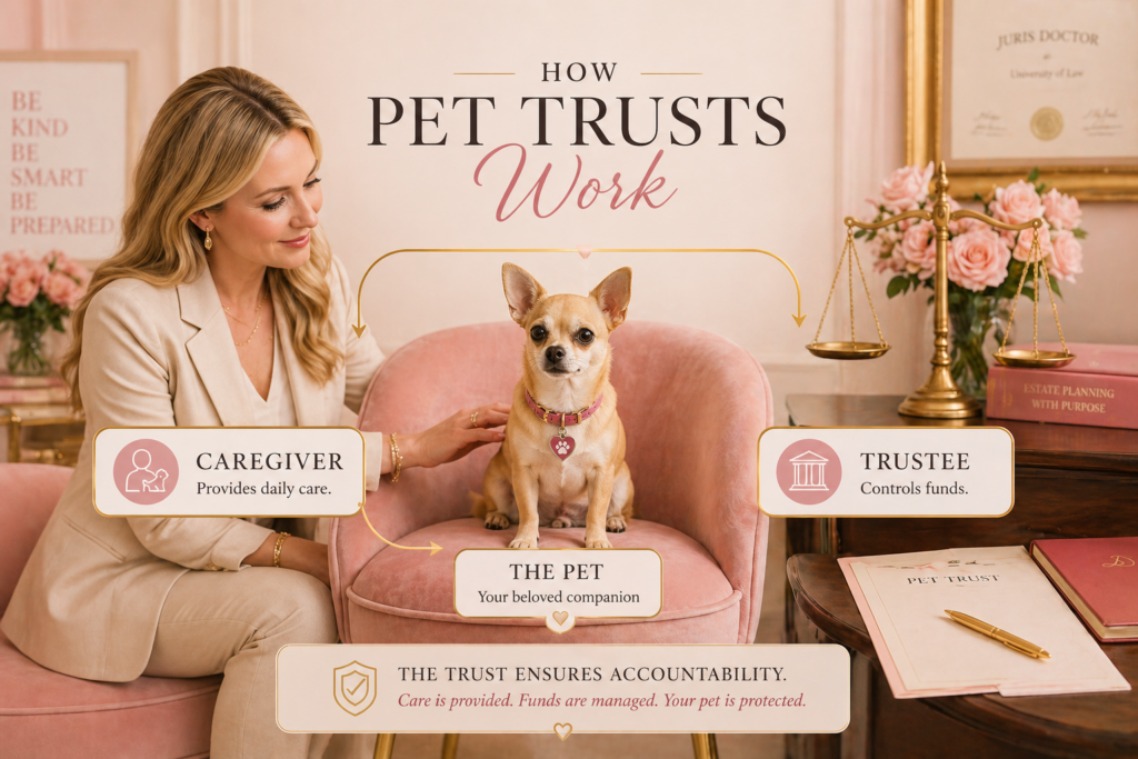 Elegant infographic showing how a pet trust works, with a dog between a caregiver and trustee, explaining pet care, fund management, and accountability.