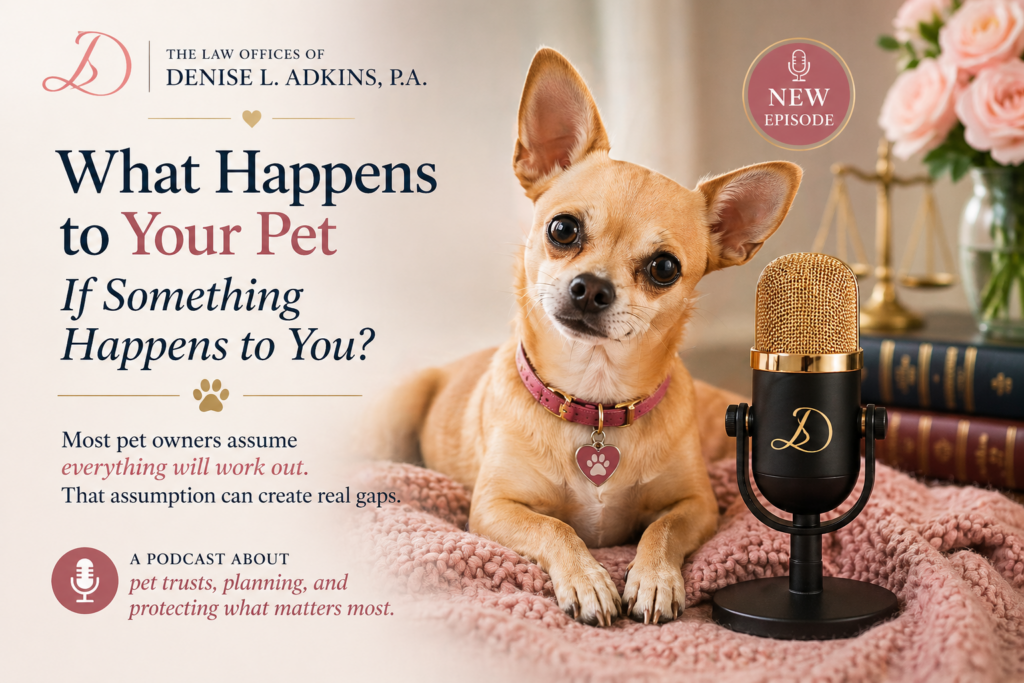 Podcast promotion image featuring a small dog with a microphone and call to action to listen to an estate planning and pet trust podcast.