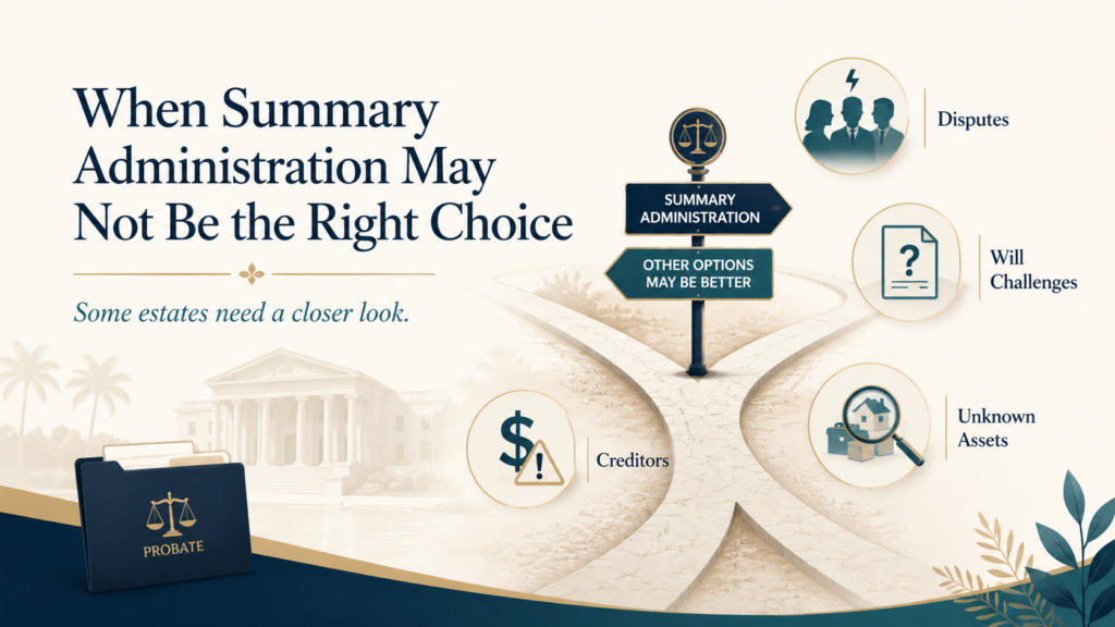 Infographic showing when Florida summary administration may not be the right choice, including disputes, will challenges, creditors, and unknown assets.