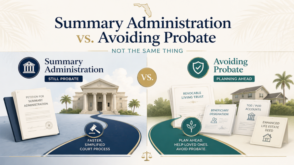 Infographic comparing Florida summary administration with avoiding probate, showing that summary administration is still probate while avoiding probate requires planning ahead.