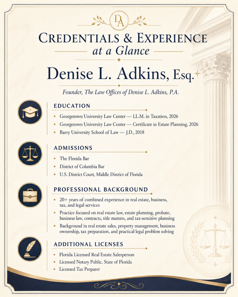 Credentials and experience summary for Florida attorney Denise L. Adkins.