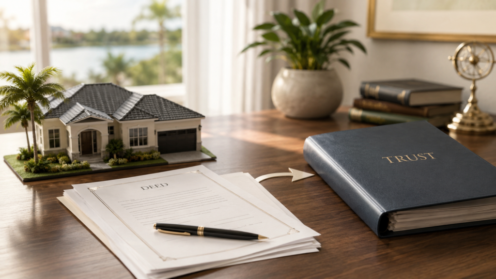 A deed, trust binder, pen, and model home on a professional desk, representing the transfer of Florida real estate into a trust.