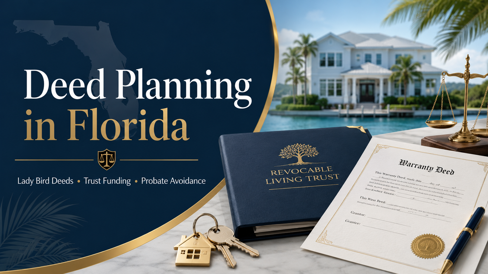 A Florida deed planning banner with a revocable living trust binder, warranty deed, house keys, legal scales, and waterfront home, representing Lady Bird deeds, trust funding, and probate avoidance.