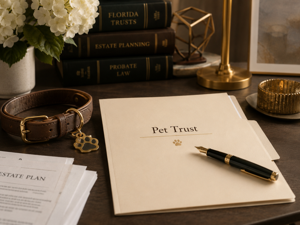 Pet trust folder with estate planning documents, law books, and a pet collar on a professional desk