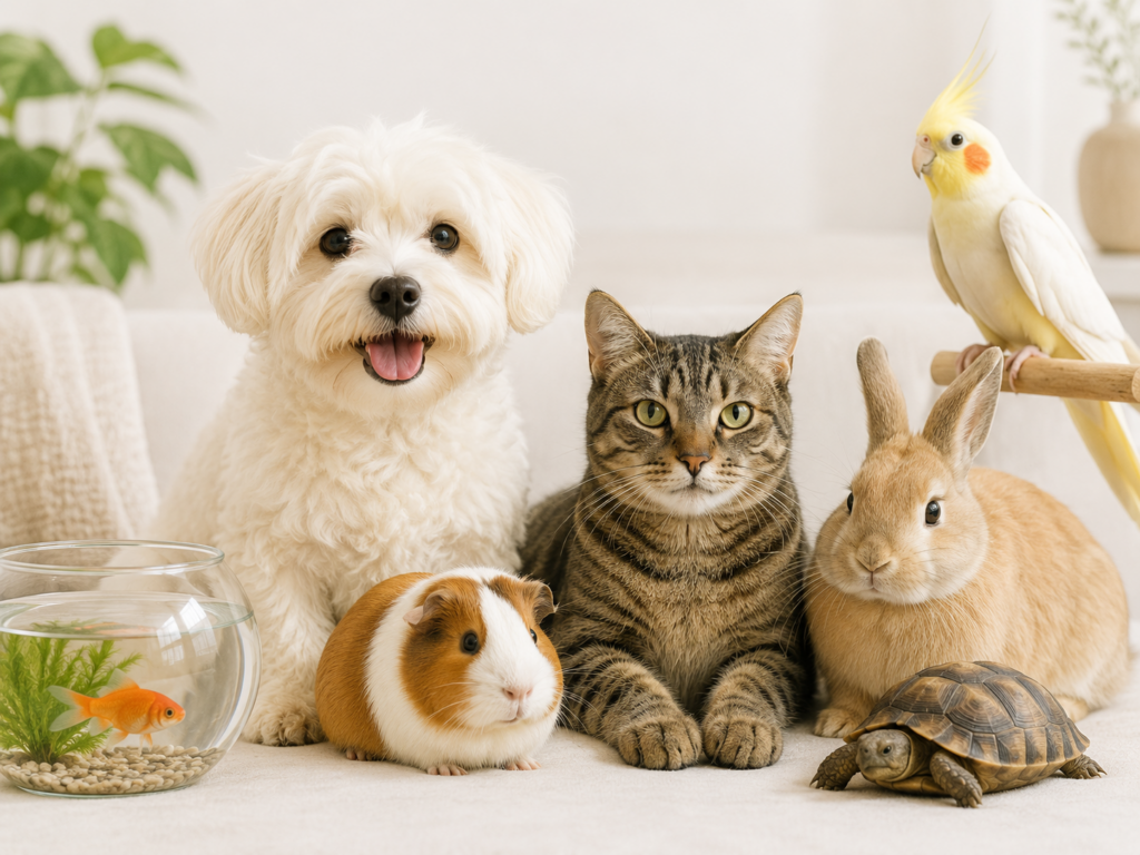 A white dog, cat, bird, rabbit, guinea pig, turtle, and fish gathered together in a calm home setting, representing different pets that may be included in a Florida pet trust and estate plan.
