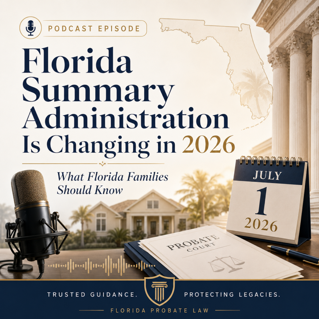 Podcast episode cover for Florida summary administration changes in 2026, showing a microphone, probate court documents, courthouse columns, a Florida map, and a July 1, 2026 calendar.