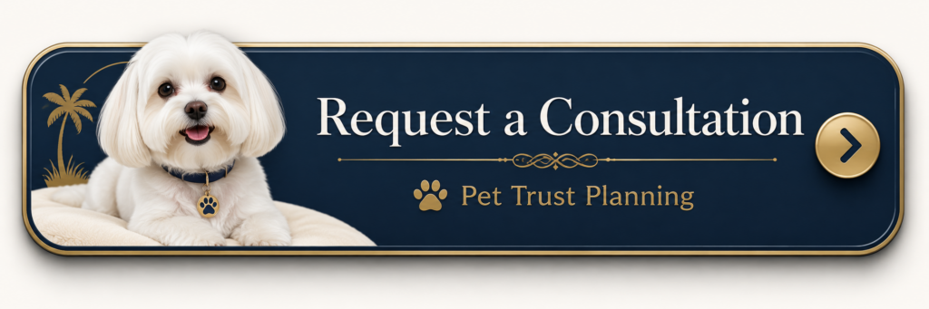 Elegant blue and gold consultation button featuring a white Shih Tzu and the text Request a Consultation for pet trust planning