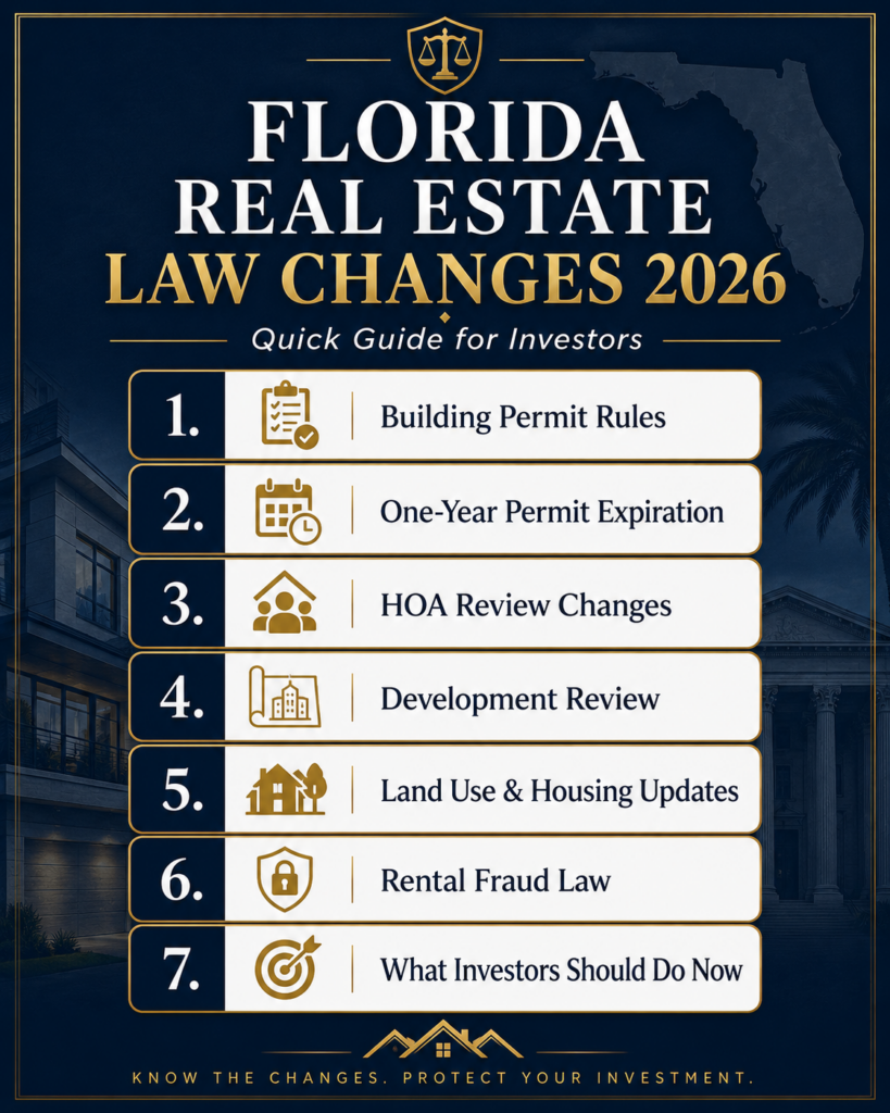 Table of contents image for a Florida real estate law changes 2026 guide, listing seven investor topics: building permit rules, one-year permit expiration, HOA review changes, development review, land use and housing updates, rental fraud law, and what investors should do now.