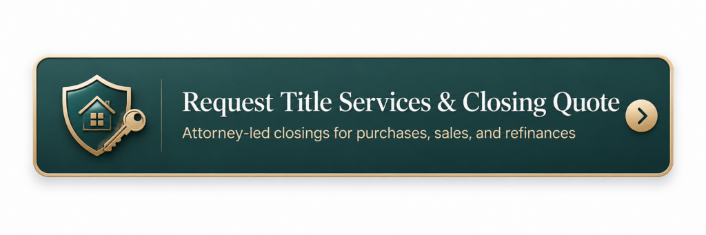 Call-to-action button for title services and closing quotes with a shield, house, key, and gold arrow on a deep teal background.