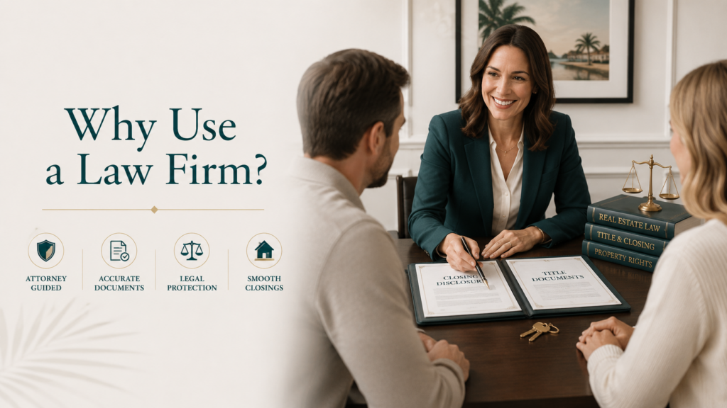 Attorney meeting with clients at a real estate closing table with title documents, closing disclosure, keys, and legal books.