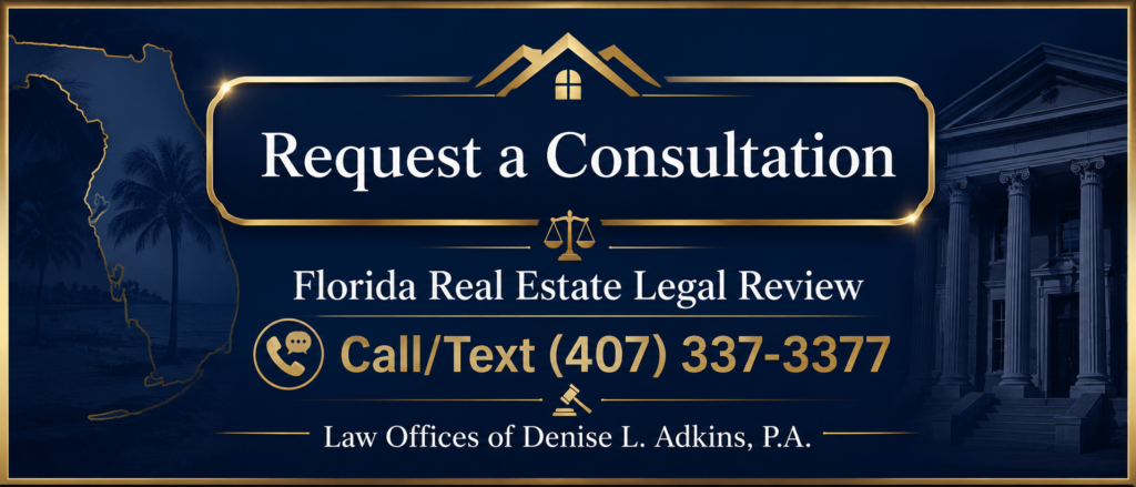 Call-to-action banner for Florida real estate legal review with the text “Request a Consultation,” “Call/Text
(407) 337-3377
,” and “Law Offices of Denise L. Adkins, P.A.”