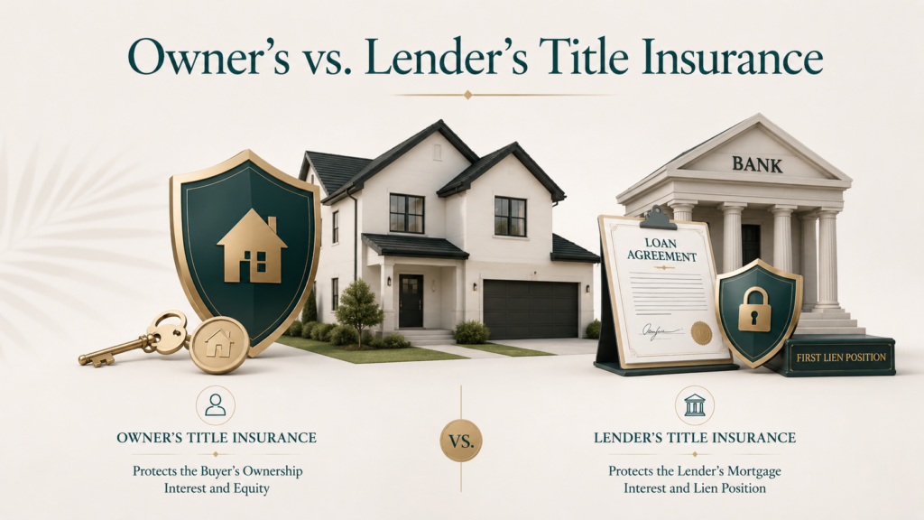 Comparison image showing owner’s title insurance protecting the buyer’s ownership interest and lender’s title insurance protecting the lender’s mortgage interest.