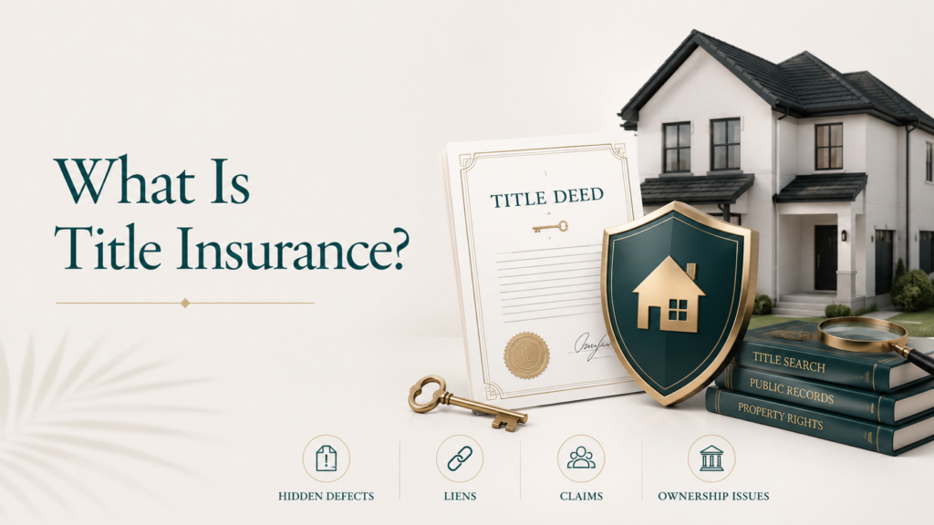 Title insurance image with a home, title deed, shield, key, and title search books representing protection from liens, claims, hidden defects, and ownership issues.