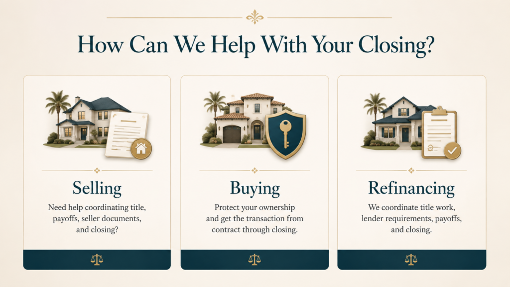 Florida real estate closing services graphic showing options for selling, buying, and refinancing property with attorney-led title and closing support.