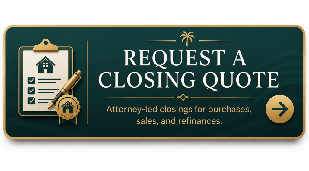 Request a Closing Quote call-to-action graphic for Florida real estate title and closing services featuring a checklist, house icon, pen, and arrow.