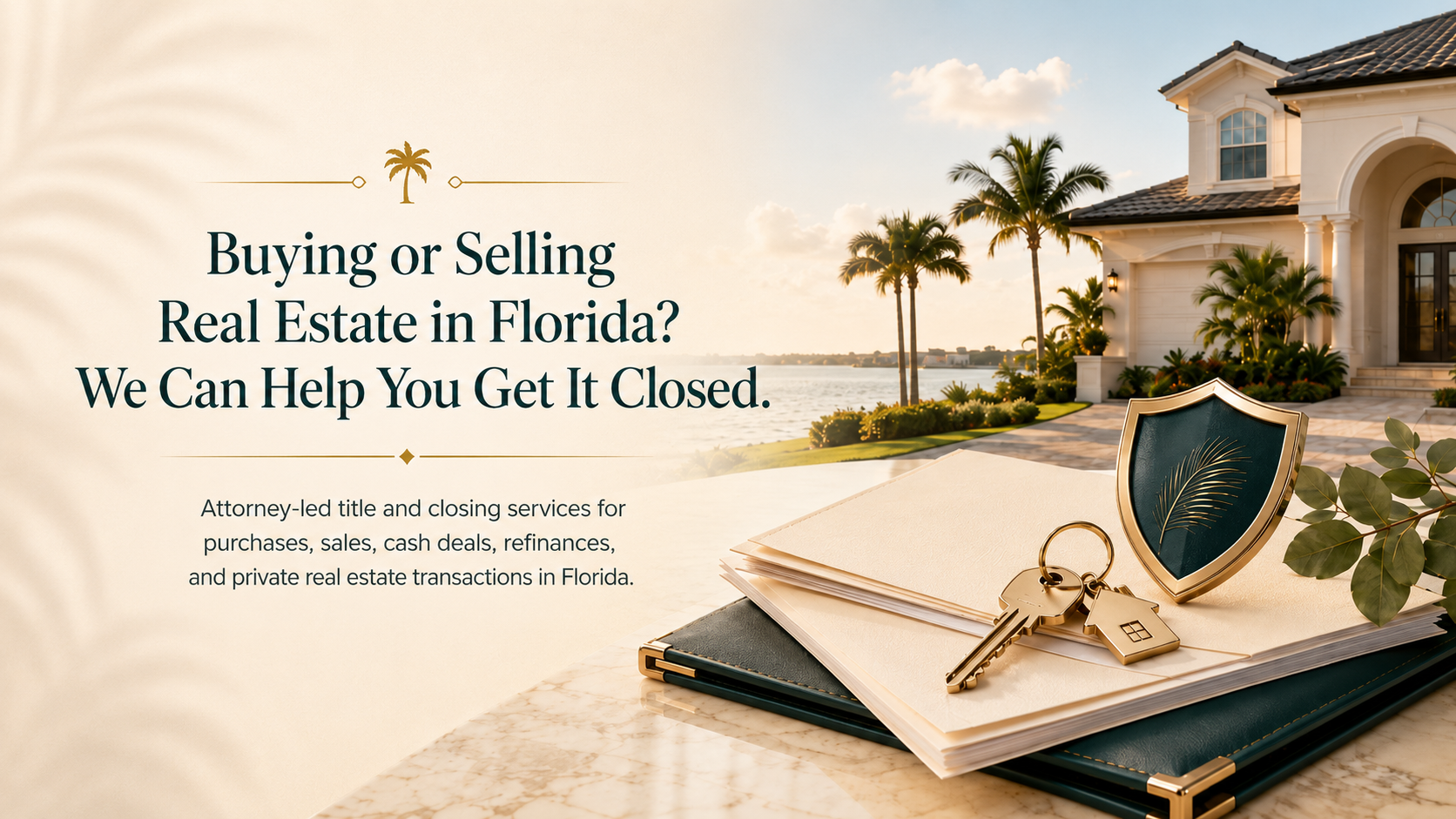 Hero image for Florida real estate title and closing services showing a waterfront home, closing documents, keys, and the text “Buying or Selling Real Estate in Florida? We Can Help You Get It Closed.”