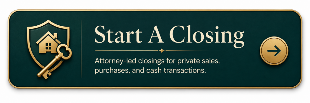 Start A Closing call-to-action graphic for Florida title and closing services featuring a shield, house, key, and arrow button.