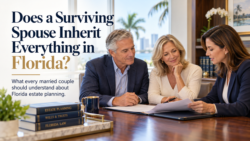 Couple reviewing documents with an attorney. Text: “Does a Surviving Spouse Inherit Everything in Florida?”