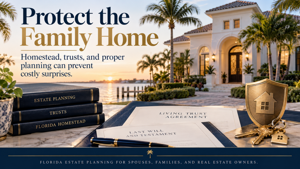 Florida-style home with will and trust documents, keys, and a gold shield. Text: “Protect the Family Home.”