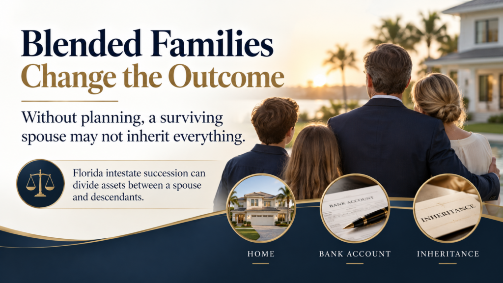 Family viewed from behind with home, bank account, and inheritance symbols. Text: “Blended Families Change the Outcome.”